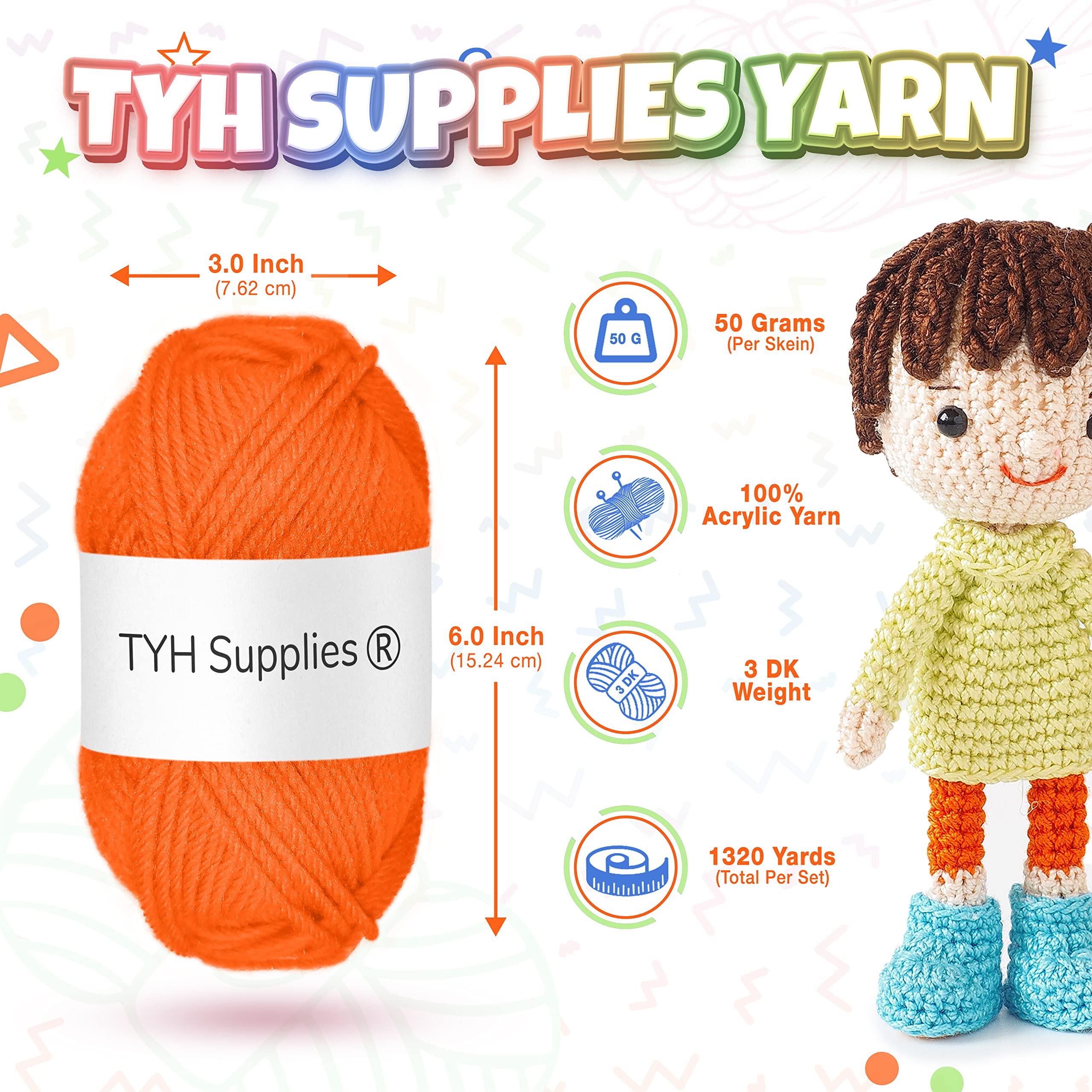 TYH Supplies 12 Acrylic Yarn Pack | 1320 Yard Soft Yarn Medium Weight | Beginner Assorted Yarn Set | 12 Unique Colors 110 Yard Each Skein | Multipack for Amigurumi and Crafts