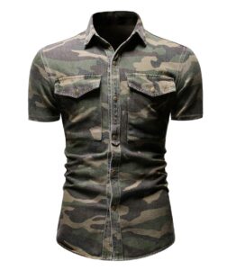 chouyatou men's military style short/long sleeve camo printed button down shirt (large, green short)