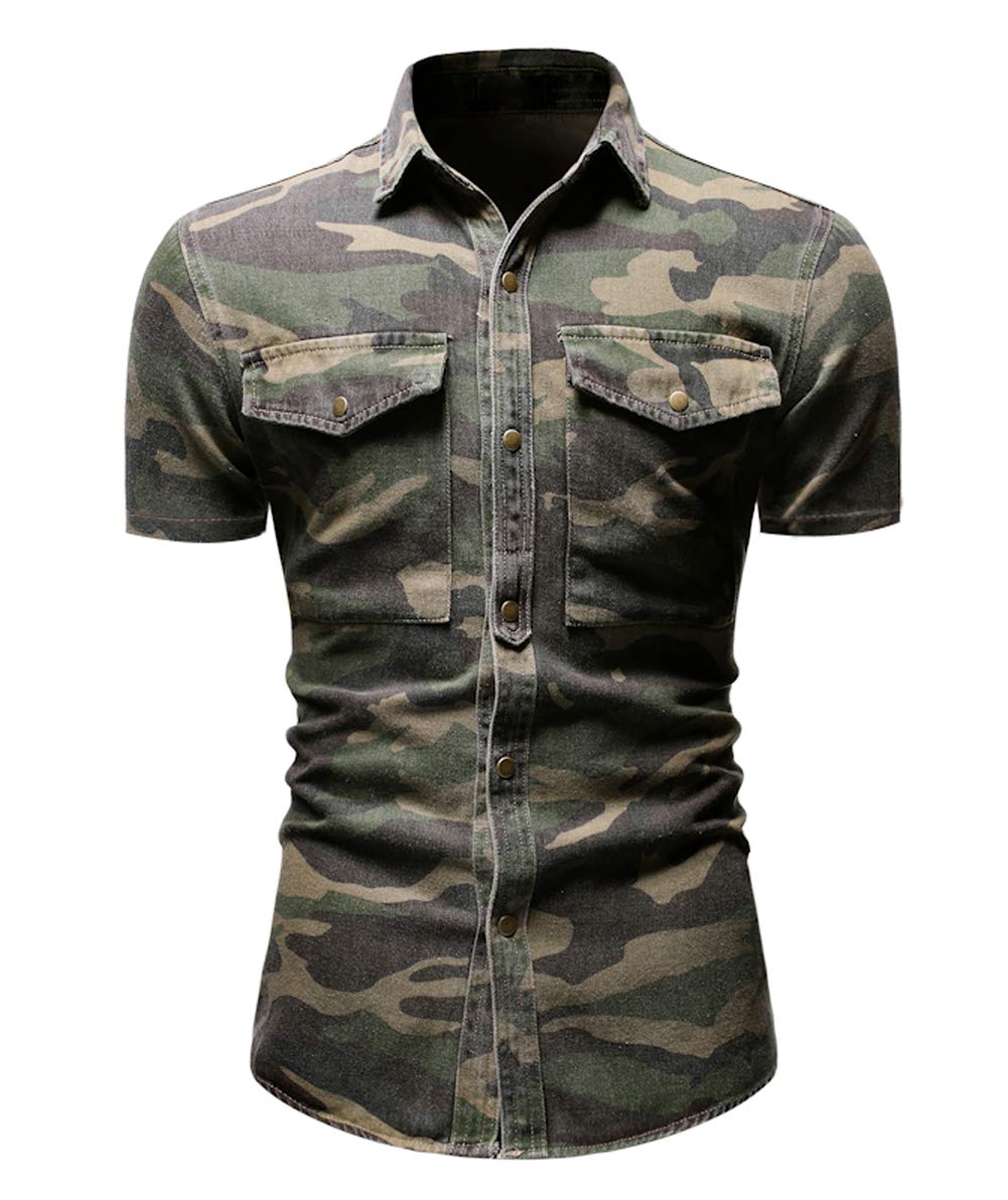 chouyatou Men's Military Style Short/Long Sleeve Camo Printed Button Down Shirt (Large, Green Short)