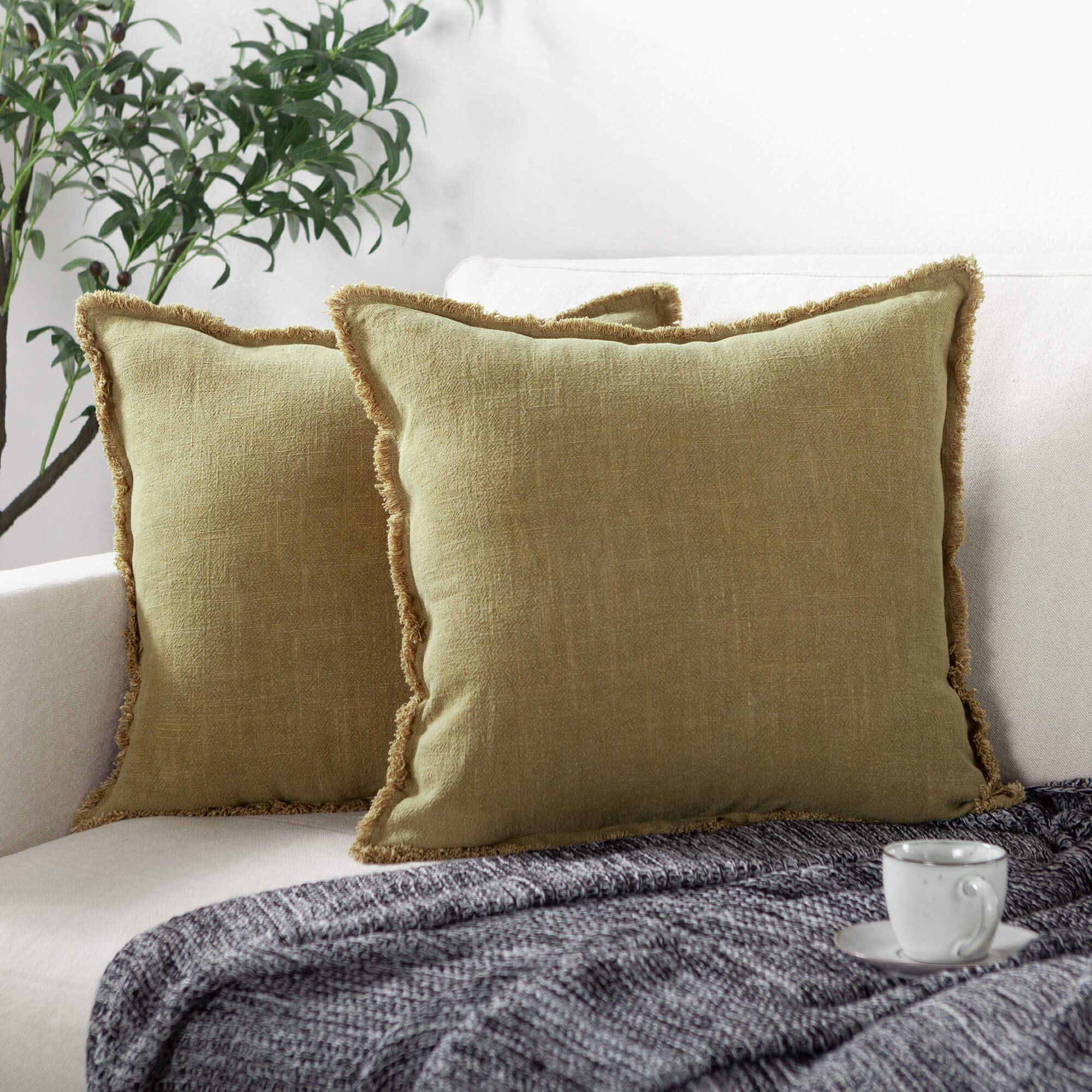 ATLINIA Fringed Cushion Cover 20 x 20 Soft Linen Decorative Throw Pillow Cover for Couch Sofa Bed and Outdoor Olive Pillow Cover