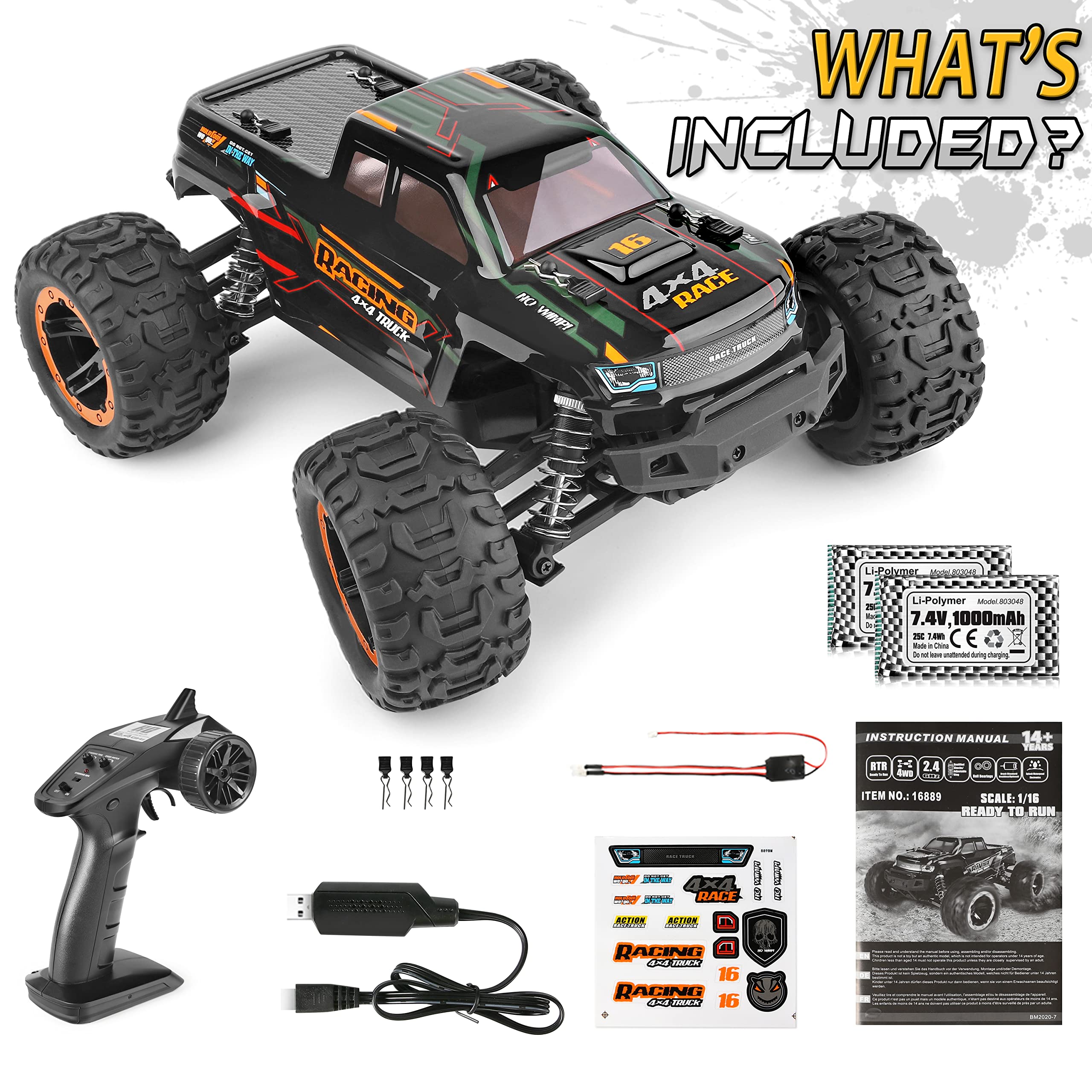 HAIBOXING Remote Control Car 16889, 1:16 Scale 2.4Ghz RC Cars 4x4 Off Road Trucks, Waterproof RTR RC Monster Truck 36KM/H, Toys for Kids and Adults with 2 Batteries 35+ mins Play