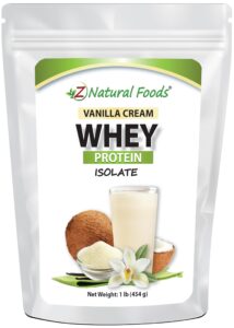 z natural foods vanilla cream whey protein isolate, nutrition-rich, flavorful protein powder for heart health and immunity, great in tea, coffee, smoothie, non-gmo, gluten-free, kosher, 1 lb.