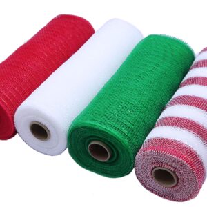 10 inch x 30 feet Each Roll-YYCRAFT Christmas Decorative Metallic Foil Poly Mesh-4 Rolls for Crafting Wire Wreath Making Craft(Red, White, Emerald Green, Red/White)