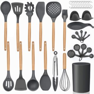 LIANYU 38 Pcs Kitchen Cooking Utensils Set with Holder, Heat Resistant Silicone Kitchen Utensil Spatula Set, Kitchen Gadgets Tools Set for nonstick Cookware Set, Wooden Handle, Grey