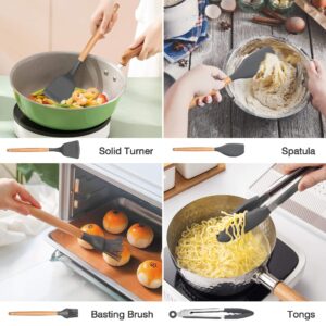 LIANYU 38 Pcs Kitchen Cooking Utensils Set with Holder, Heat Resistant Silicone Kitchen Utensil Spatula Set, Kitchen Gadgets Tools Set for nonstick Cookware Set, Wooden Handle, Grey