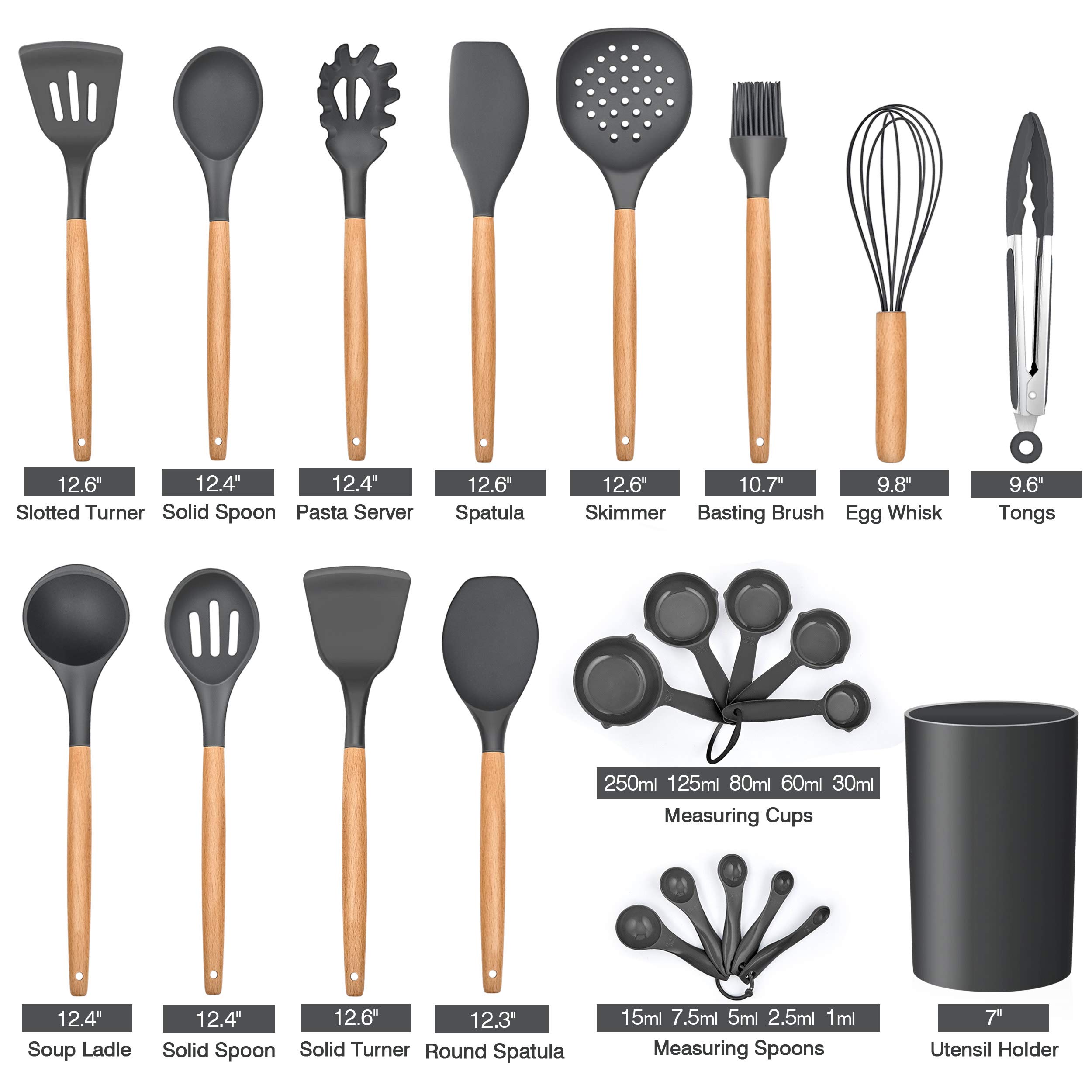 LIANYU 38 Pcs Kitchen Cooking Utensils Set with Holder, Heat Resistant Silicone Kitchen Utensil Spatula Set, Kitchen Gadgets Tools Set for nonstick Cookware Set, Wooden Handle, Grey