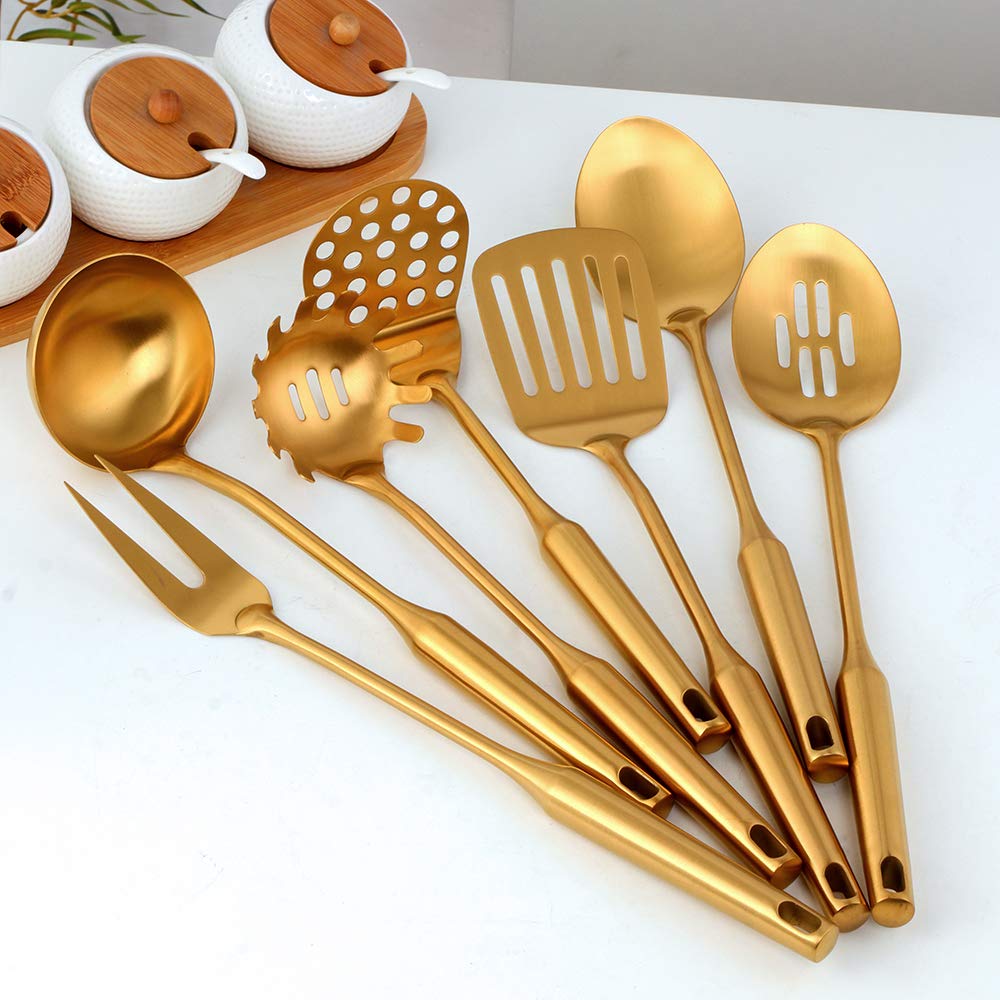 7 Pcs Round Handle Cooking Utensil Set, 304 Stainless Steel Gold Titanium Plated Cookware Sets with Public Fork/Spoon, Potato Mashers, Slotted Spatula, Soup Ladle, Pasta Server, Kitchen Tool Gadget