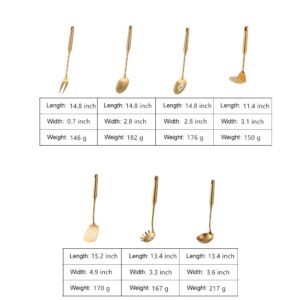 7 Pcs Round Handle Cooking Utensil Set, 304 Stainless Steel Gold Titanium Plated Cookware Sets with Public Fork/Spoon, Potato Mashers, Slotted Spatula, Soup Ladle, Pasta Server, Kitchen Tool Gadget