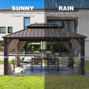 YOLENY 10' X 13' Hardtop Gazebo Galvanized Steel Outdoor Patio Gazebo Canopy Double Roof Pergolas Aluminum Frame with Netting and Curtains for Garden, Patio, Lawns, Parties