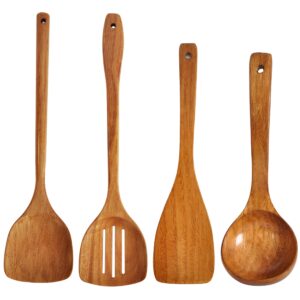 wooden spatula,slotted turner,soup ladle,long handle utensils set,handmade for kitchen cookware (wooden utensil 4 sets)