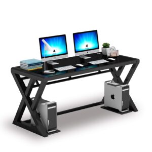 ipkig glass desk, modern computer desk with carbon steel frame and glass top, home office desks computer table study writing desk workstation for living room, black (55.1 inch)