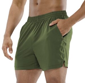 mier men's workout running shorts quick dry active 5 inches shorts with pockets, lightweight and breathable, army green, m