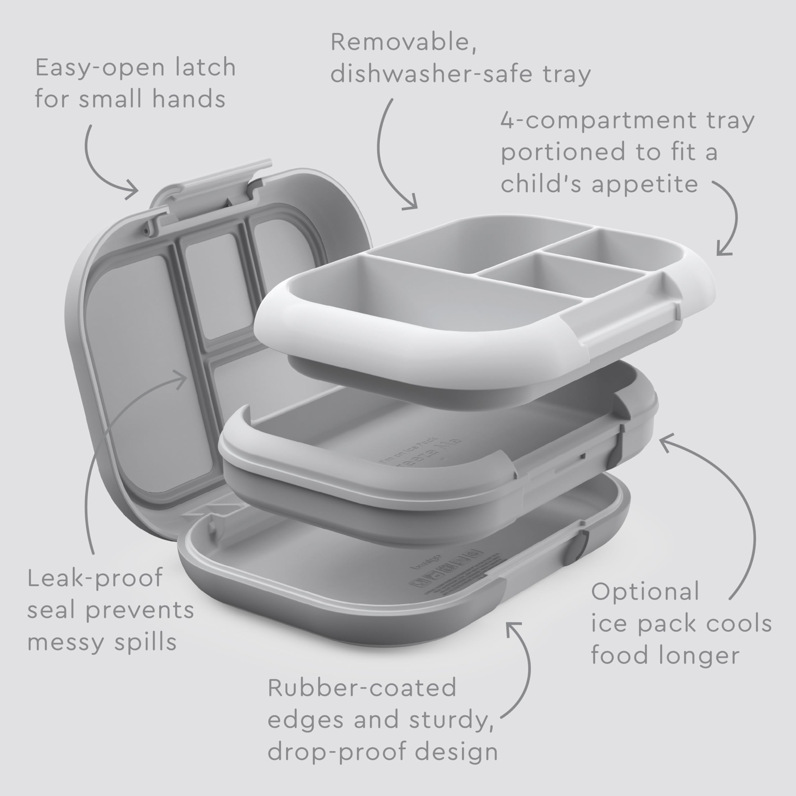 Bentgo® Kids Chill Leak-Proof Lunch Box - Included Reusable Ice Pack Keeps Food Cold; 4-Compartment Bento Lunch Container; Microwave & Dishwasher Safe; 2 Year Manufacturer Warranty (Gray)