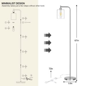 QiMH Industrial Floor Lamp for Living Room, Modern Standing Lamp with HD Glass Lampshade and Pedal Switch, 67” Tall Pole Light for Bedroom Study Room, Brushed Silver (2700K LED Bulb Included)