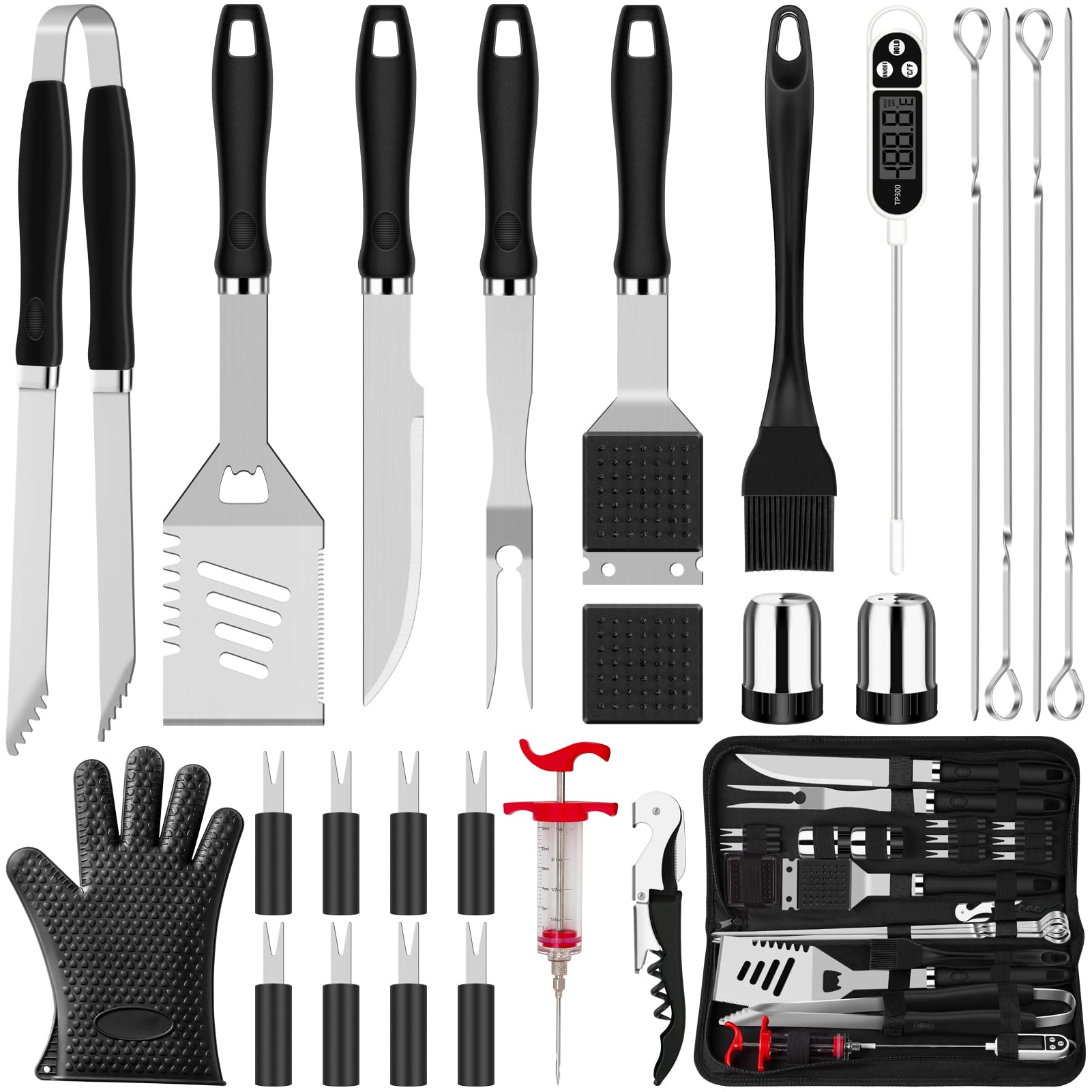 ROMANTICIST 26pcs Grilling Accessories Kit for Men Women, Stainless Steel Heavy Duty BBQ Tools with Glove and Corkscrew, Grill Utensils Set in Portable Canvas Bag for Outdoor,Camping,Backyard,Black