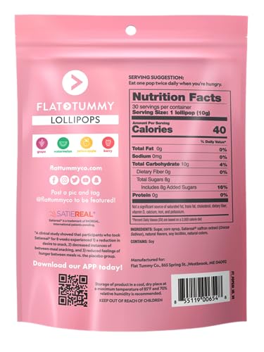 Flat Tummy Lollipops, Pack of 30 – Crush Cravings and Avoid Unwanted Calories - Apple, Grape, Watermelon & Berry – Delicious Low Calorie Diet Candy – Clinically Proven Ingredient