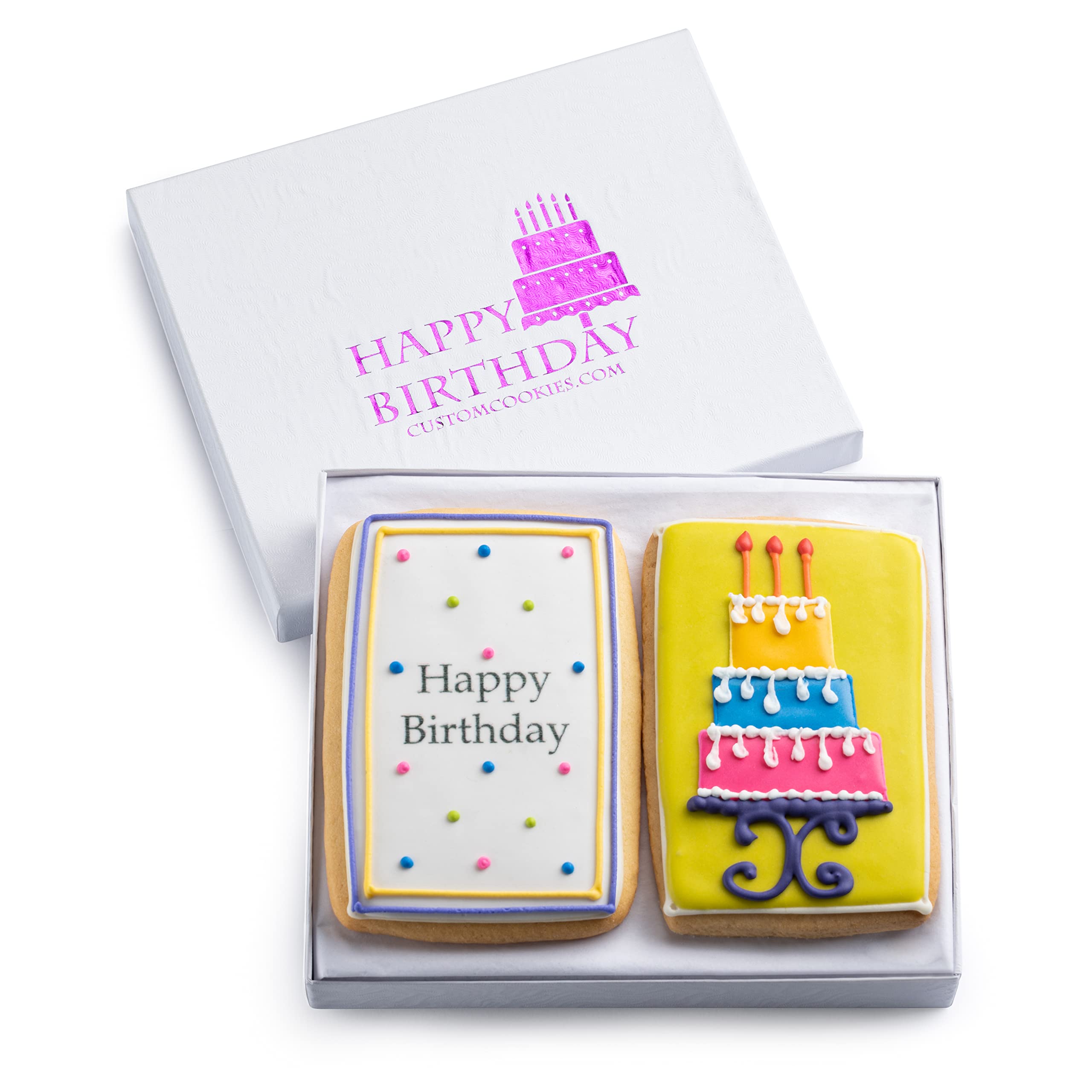 Gourmet Happy Birthday Cookie Gift Basket | 2 Large 2.5 x 4.5 in Vanilla Sugar Cookies Hand-Decorated Snack Variety Pack | Kosher B-Day Bakery Care Package For Women, Men Boys & Girls | Prime Delivery