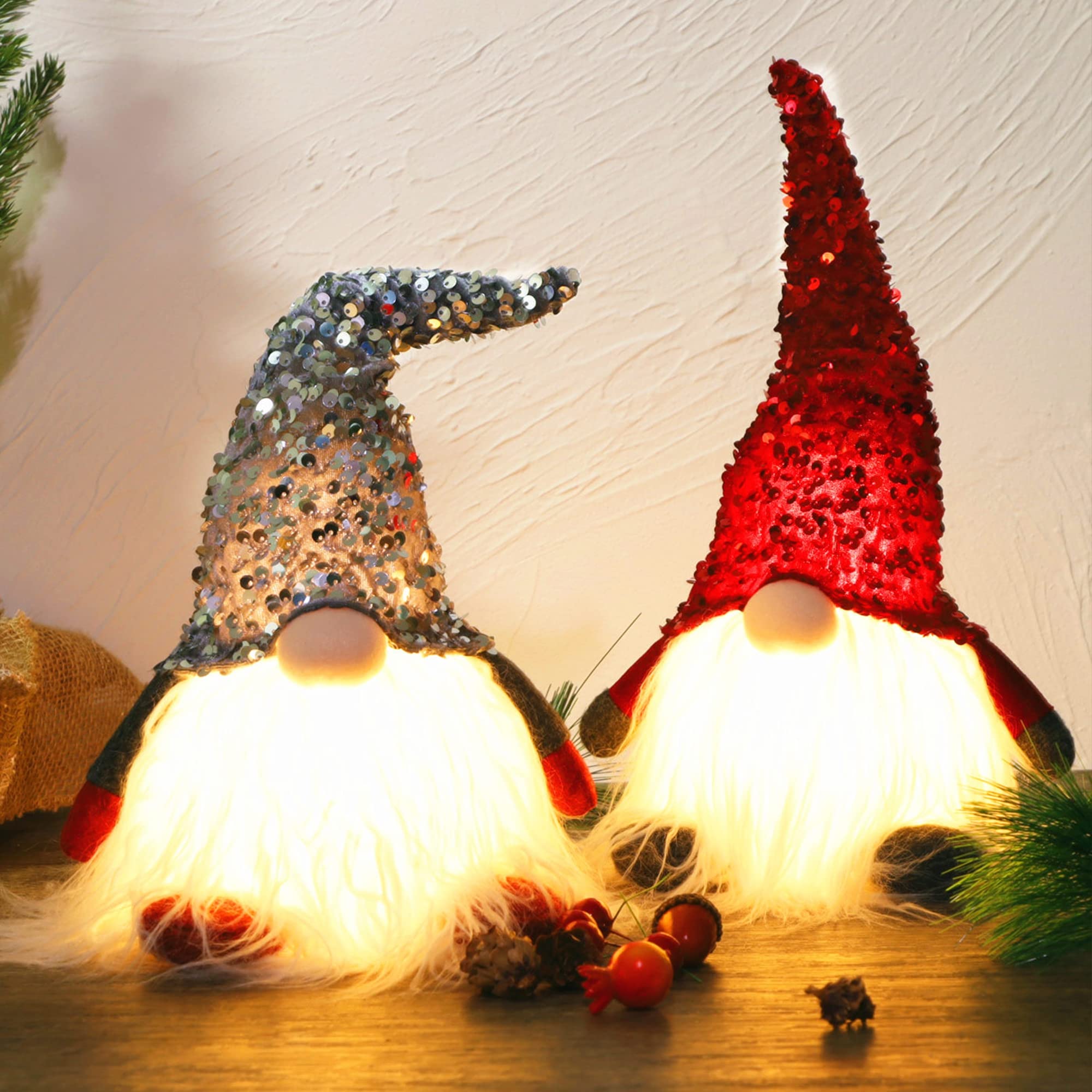 Juegoal 12" Lighted Christmas Gnome, Handmade Sequins Hat Scandinavian Swedish Tomte, Light Up Plush Elf Toy Holiday Present, Battery Operated Winter Tabletop Christmas Decorations, 2 Set