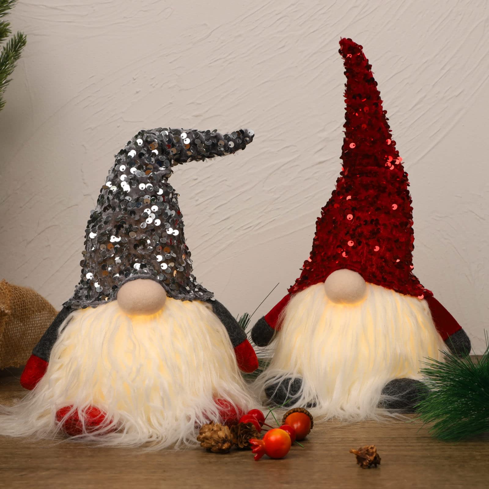 Juegoal 12" Lighted Christmas Gnome, Handmade Sequins Hat Scandinavian Swedish Tomte, Light Up Plush Elf Toy Holiday Present, Battery Operated Winter Tabletop Christmas Decorations, 2 Set