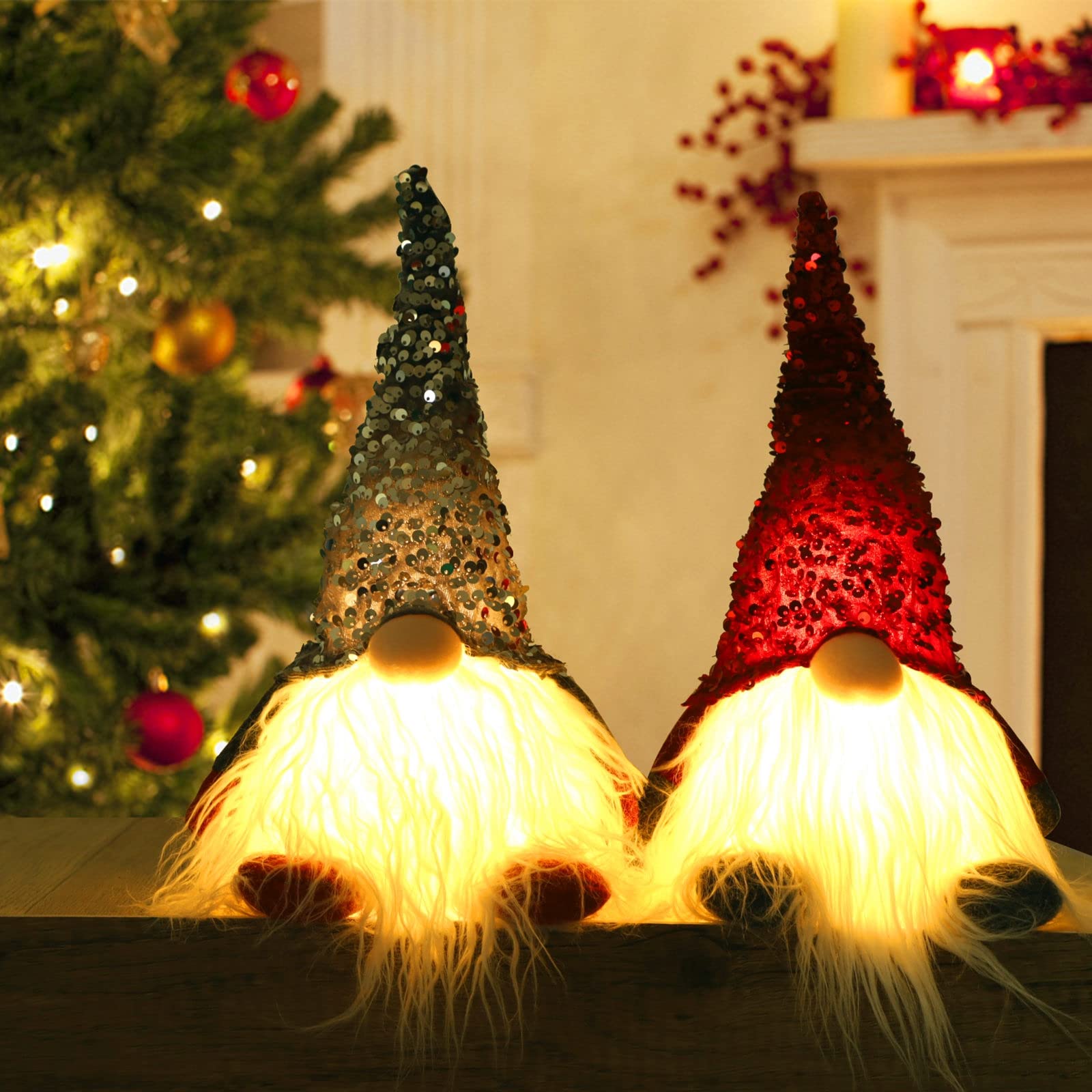 Juegoal 12" Lighted Christmas Gnome, Handmade Sequins Hat Scandinavian Swedish Tomte, Light Up Plush Elf Toy Holiday Present, Battery Operated Winter Tabletop Christmas Decorations, 2 Set