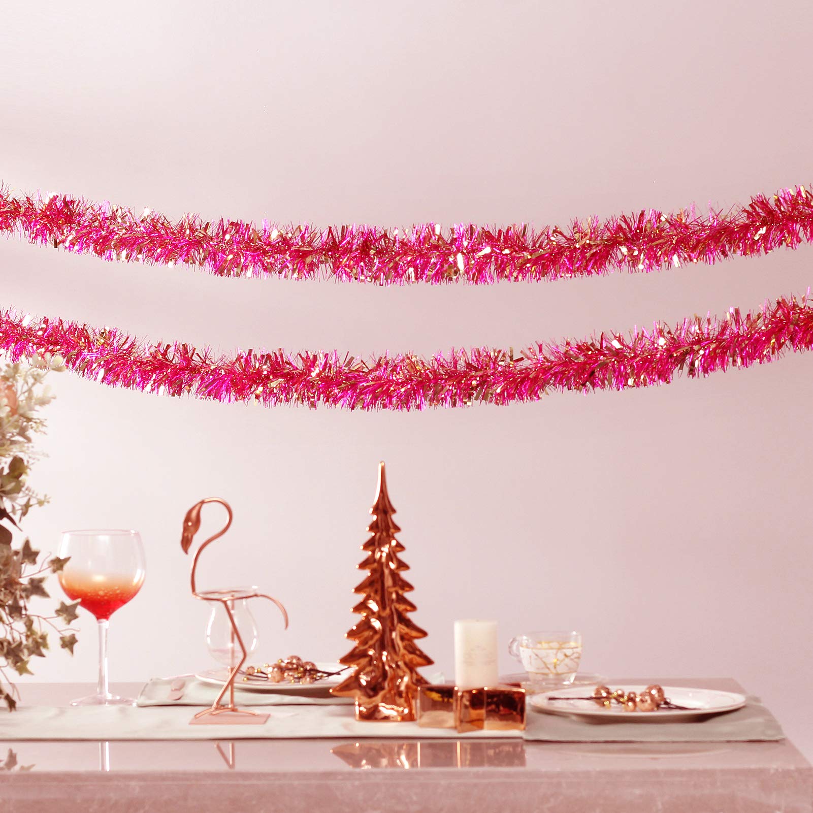 Super Holiday 4" Tinsel Twist Garland, 30Ft Artifical Garland for Christmas Tree, Decorations for 4th of July, Perfect Decoration for Holiday Wendding Birthday Party.(Pink/Gold)