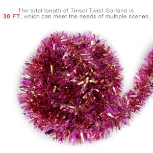 Super Holiday 4" Tinsel Twist Garland, 30Ft Artifical Garland for Christmas Tree, Decorations for 4th of July, Perfect Decoration for Holiday Wendding Birthday Party.(Pink/Gold)