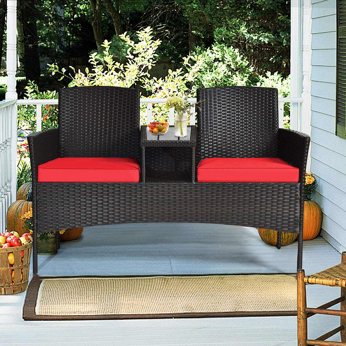 HAPPYGRILL Outdoor Loveseat Patio Rattan Wicker Conversation Set with Removable Cushions, Wicker Sofa Furniture Set with Coffee Table for Garden Lawn Backyard