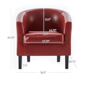 BELLEZE Living Room Chair, Faux Leather Round Accent Barrel Chair, Club Tub Sofa Chair for Bedroom, Corner Chair with Flared Legs and Cozy Soft Padding - Highland (Red)