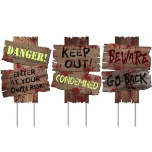 gaboss halloween decorations beware signs yard stakes outdoor creepy assorted warning sign,scary zombie theme party decor supplies,3 pieces,16.5" x 12.2"