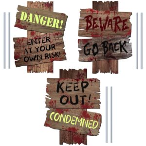 GABOSS Halloween Decorations Beware Signs Yard Stakes Outdoor Creepy Assorted Warning Sign,Scary Zombie Theme Party Decor Supplies,3 Pieces,16.5" x 12.2"