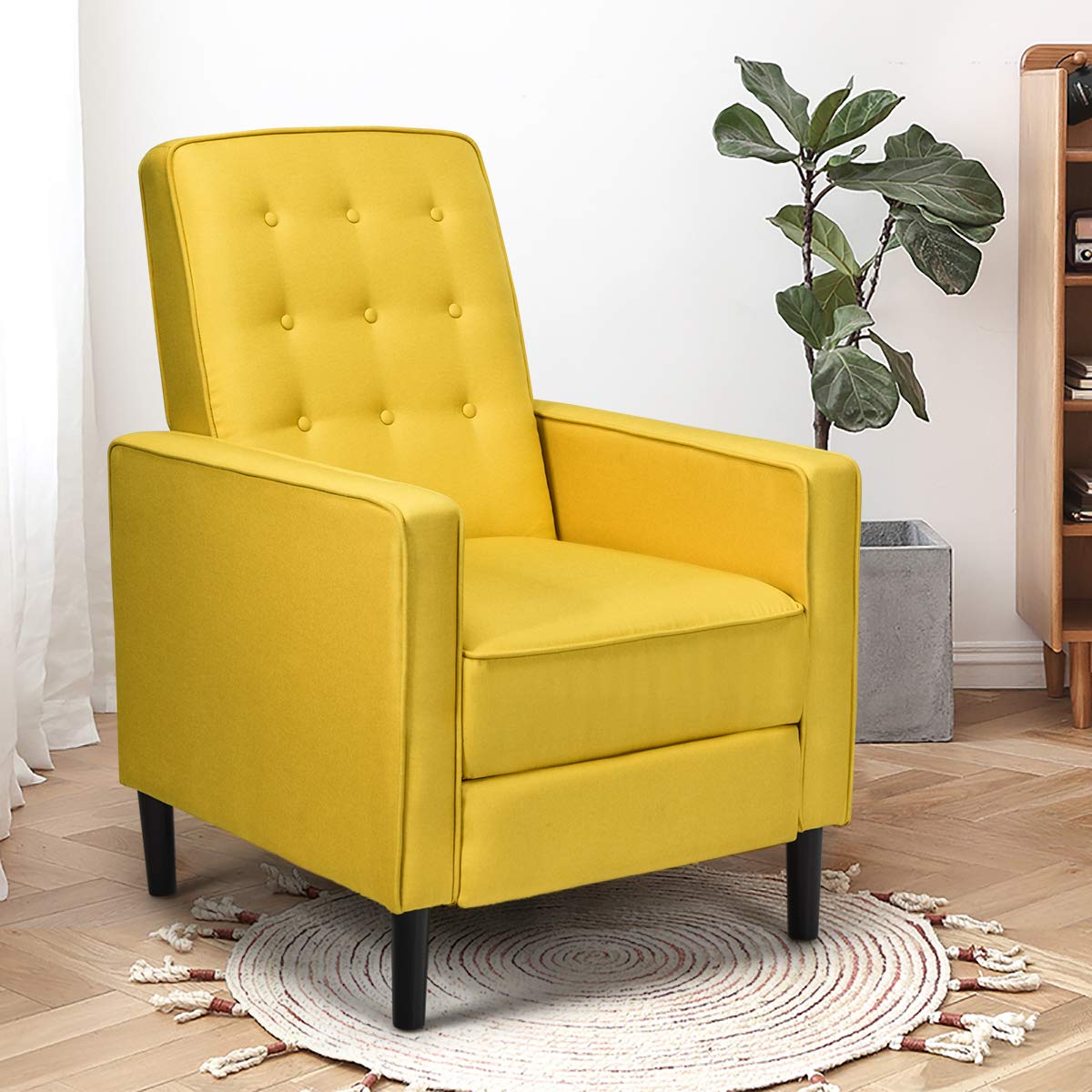 Giantex Push Back Recliner Chair, Modern Fabric Recliner w/Button-Tufted Back, Accent Arm Chair for Living Room, Bedroom, Home Office (Yellow)