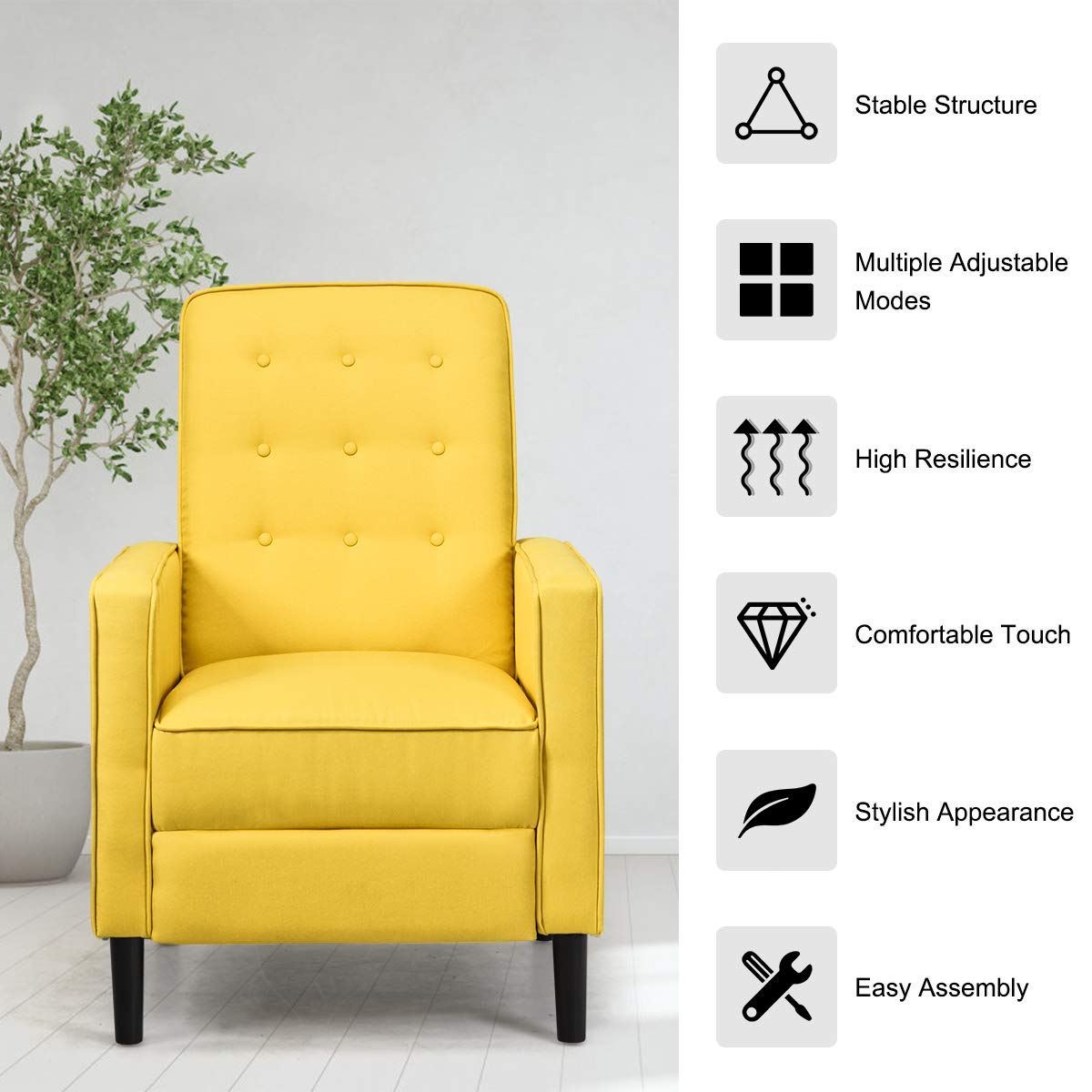 Giantex Push Back Recliner Chair, Modern Fabric Recliner w/Button-Tufted Back, Accent Arm Chair for Living Room, Bedroom, Home Office (Yellow)