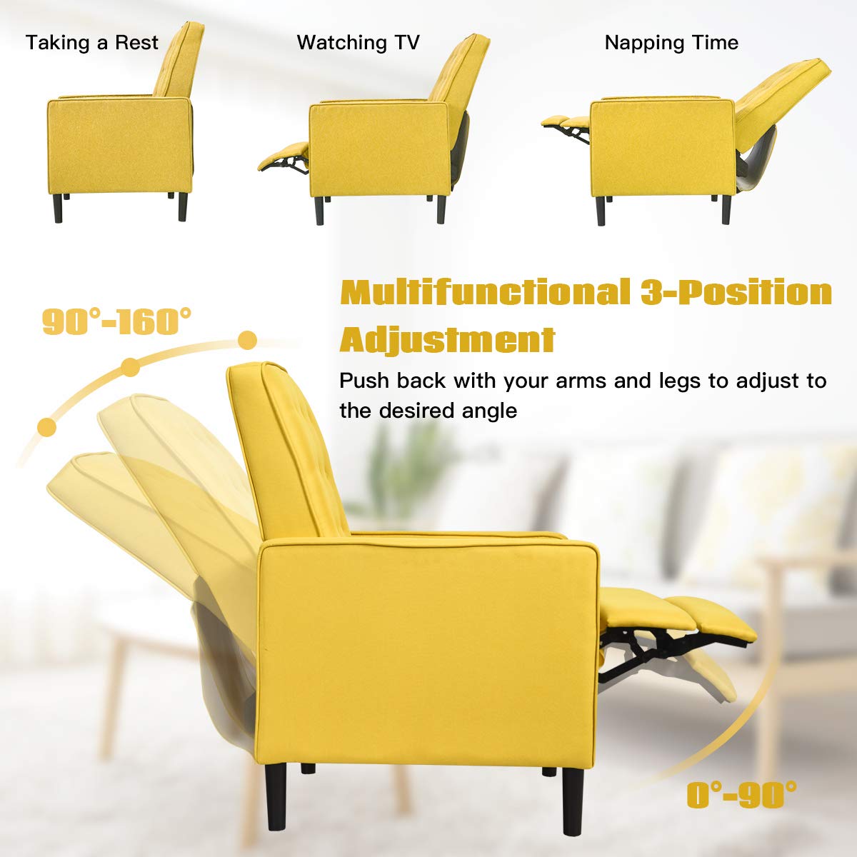 Giantex Push Back Recliner Chair, Modern Fabric Recliner w/Button-Tufted Back, Accent Arm Chair for Living Room, Bedroom, Home Office (Yellow)