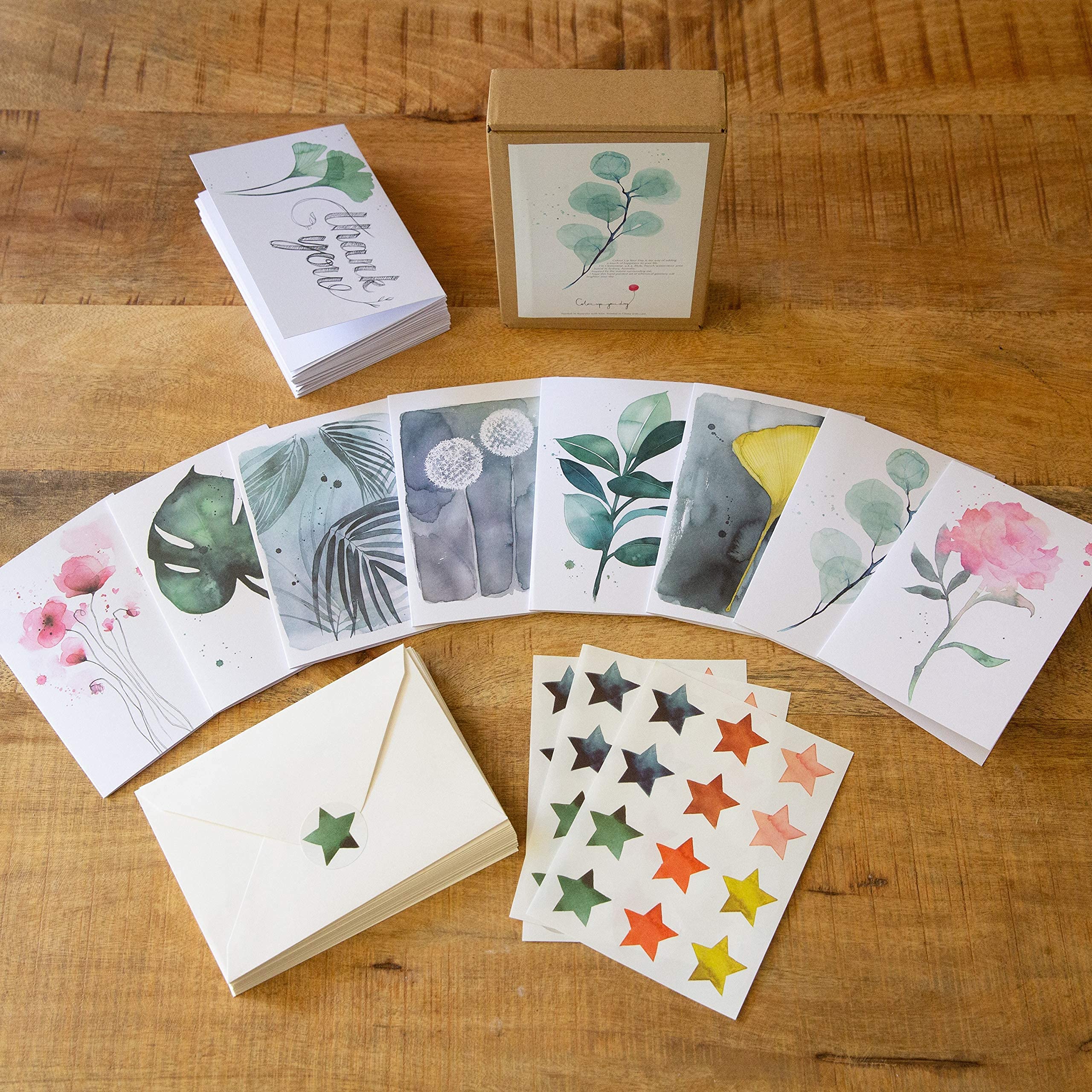 Colour Up Your Day Cute Watercolor Botanical Greeting Cards Box of 24 cards with Envelopes and Seal Stickers. All Occasion Blank Thank you cards, Appreciation, Birthday, Sympathy