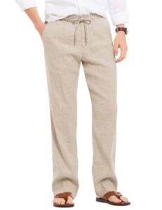 coofandy men's cotton linen baggy pants relaxed fit vacation beach trousers khaki