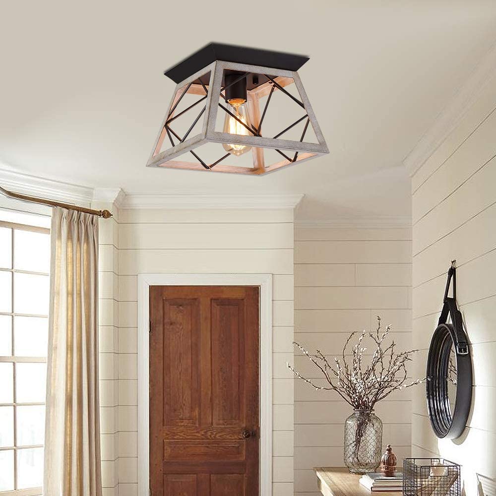 Q&S Rustic Farmhouse Ceiling Light Fixture Flush Mount Vintage Ceiling Lights for Hallway Entryway Kitchen Dining Room Bedroom,Wrought Iron Oak White and ORB 1 Light E26