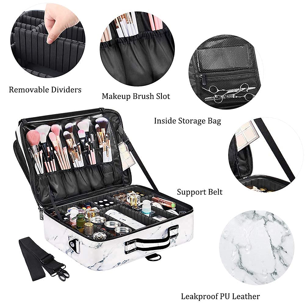 gzcz Large Travel Makeup Bag PU Leather Cosmetic Case Organizer 16" Professional Makeup Train Case with Adjustable Dividers and Shoulder Strap for Makeup Brushes Toiletry Jewelry Digital Accessories