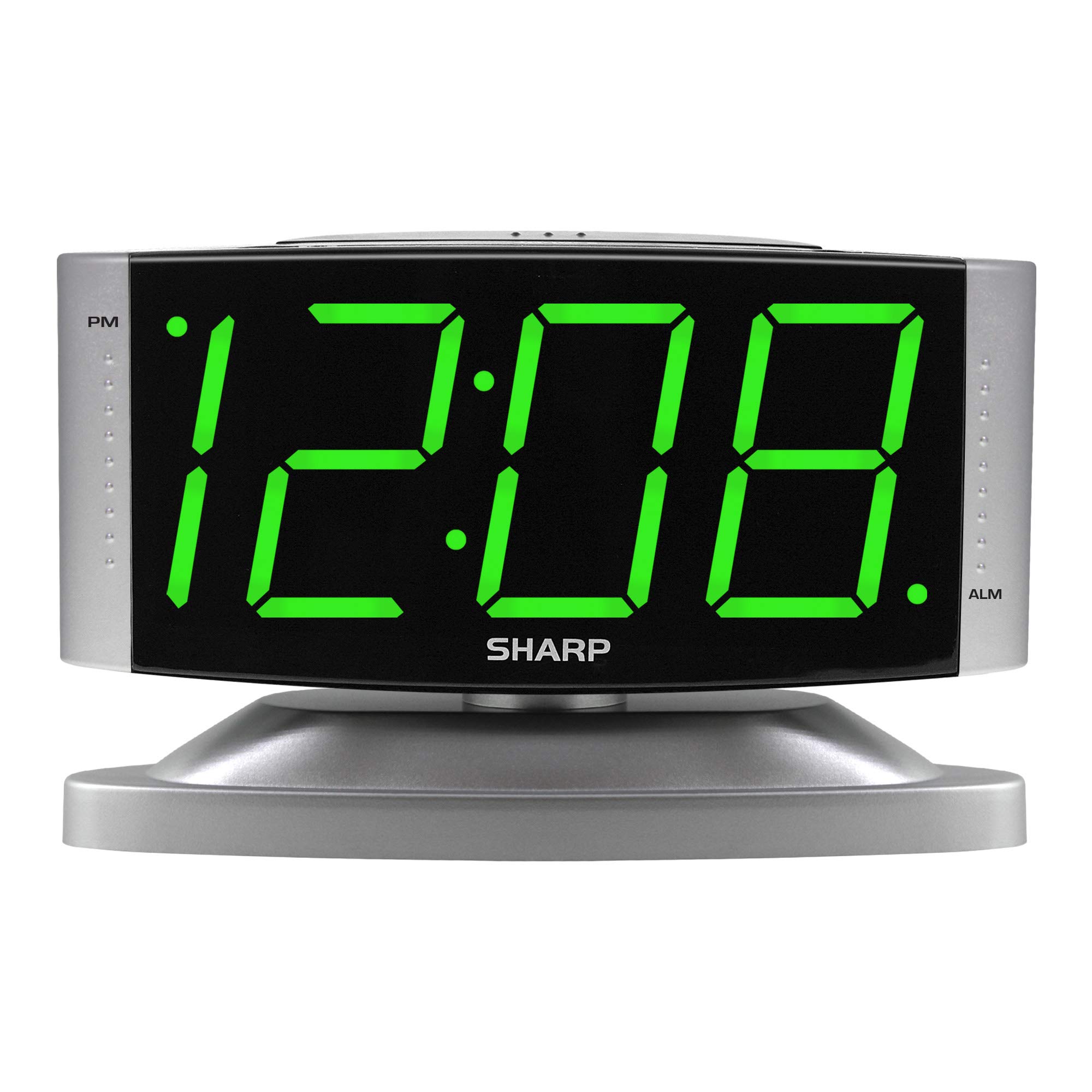 SHARP Home LED Digital Alarm Clock – Swivel Base - Outlet Powered, Simple Operation, Alarm, Snooze, Brightness Dimmer, Big Green Digit Display, Silver Case