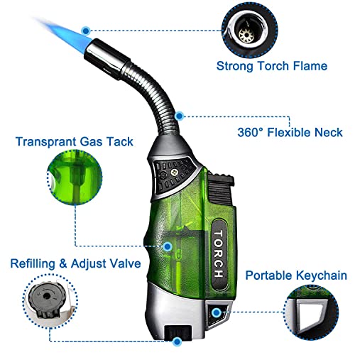 Yeuligo Torch Lighters, Butane Lighter with 360° Flexible Neck and Visible Window, Refillable Grill Lighter with keyhole, Green(without Gas)