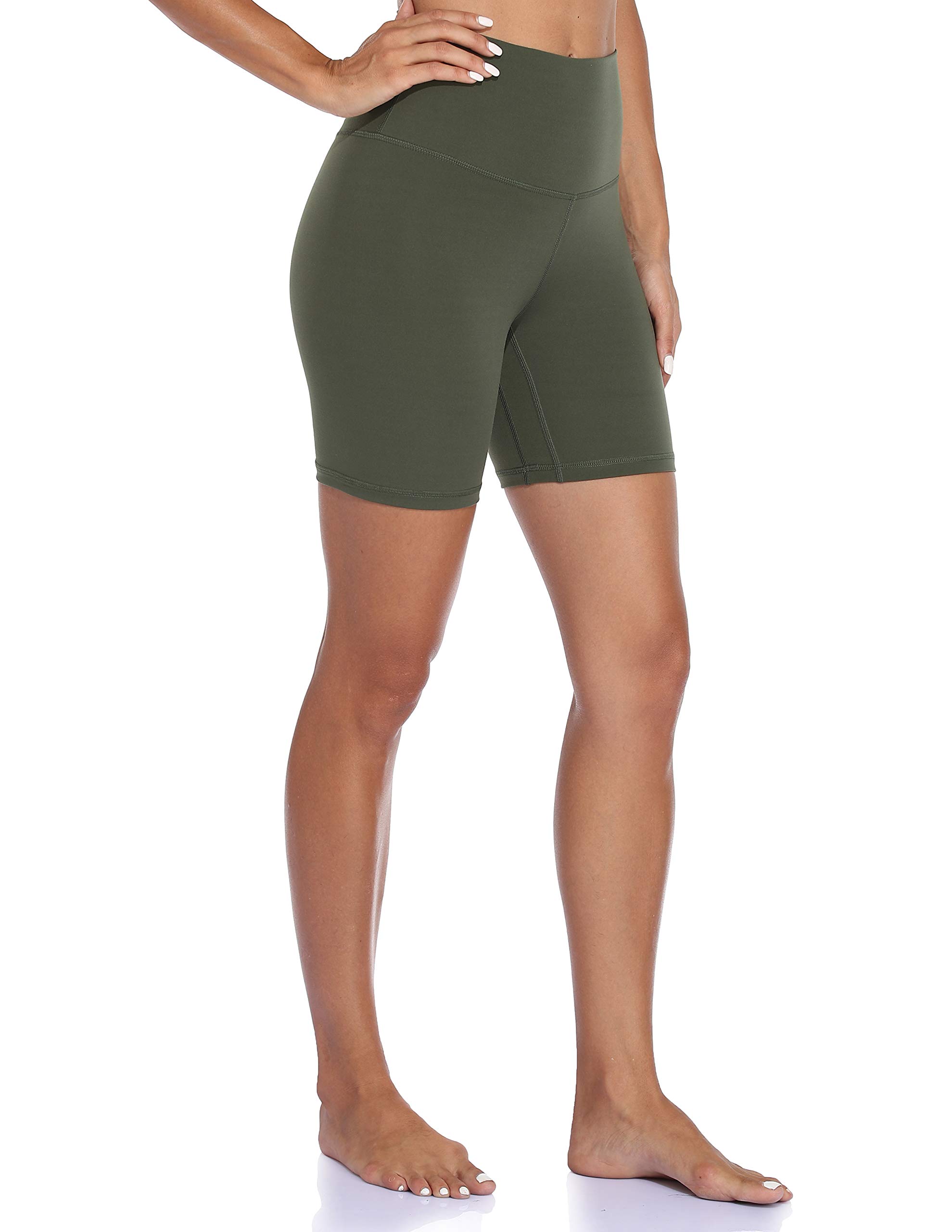 YUNOGA Women's High Waisted Yoga Short 6" Inseam Workout Athletic Biker Shorts (L, Army Green)