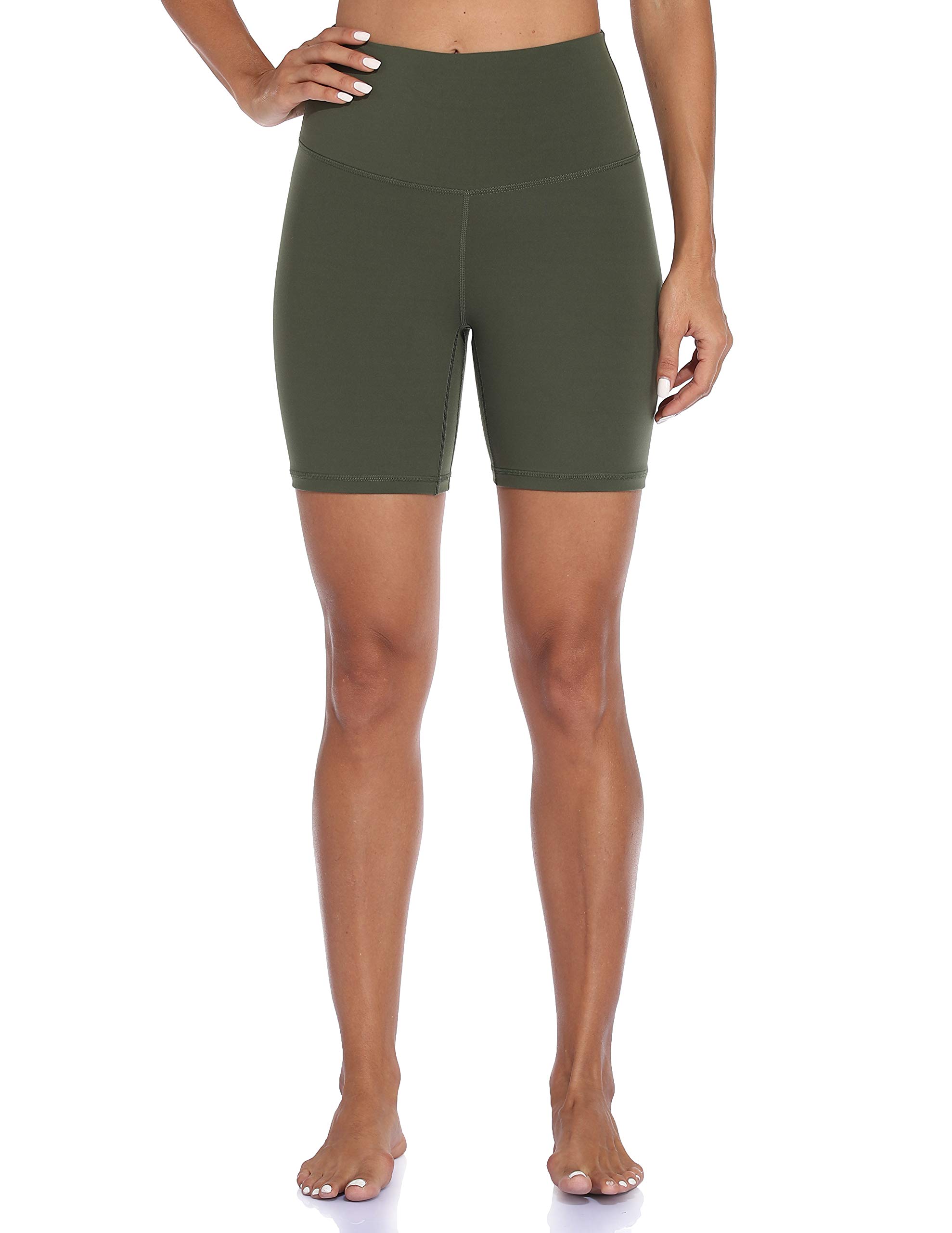 YUNOGA Women's High Waisted Yoga Short 6" Inseam Workout Athletic Biker Shorts (L, Army Green)