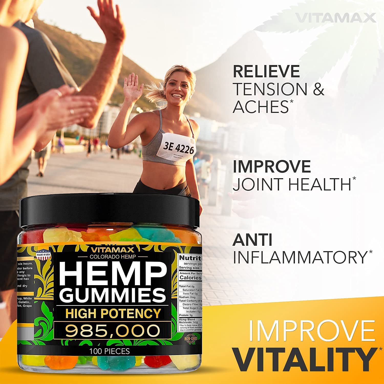 Vitamax Hemp Gummies - 985,000 - Peace & Relaxation - Natural Tasty Fruit Flavors - Made in USA - 100ct