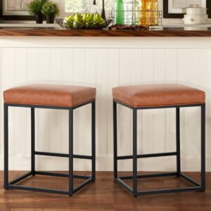 MAISON ARTS Counter Height 24" Bar Stools Set of 2 for Kitchen Counter Backless Modern Barstools Industrial Upholstered Faux Leather Stools Farmhouse Island Chairs, (24 Inch, Brown)