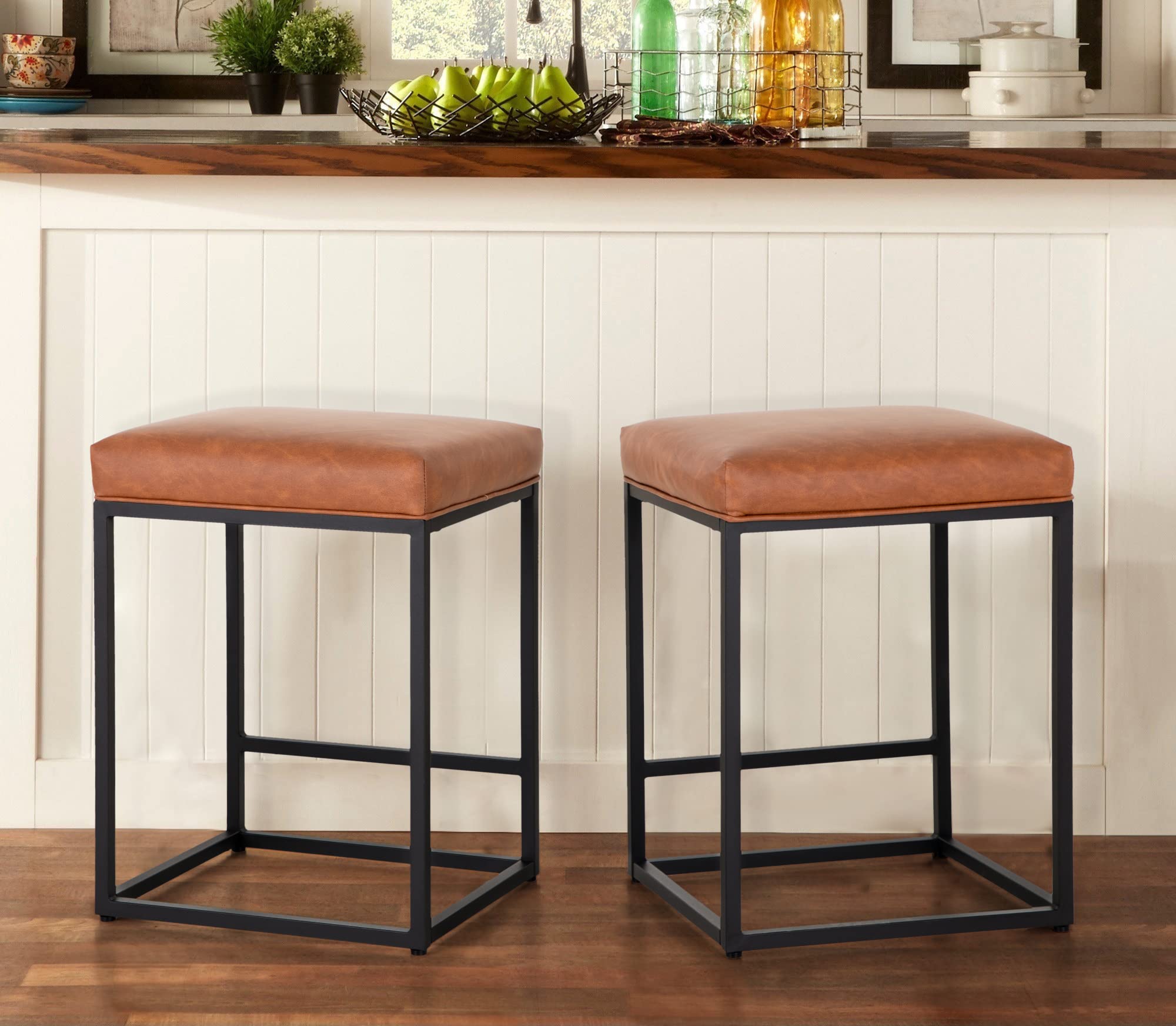 MAISON ARTS Counter Height 24" Bar Stools Set of 2 for Kitchen Counter Backless Modern Barstools Industrial Upholstered Faux Leather Stools Farmhouse Island Chairs, (24 Inch, Brown)