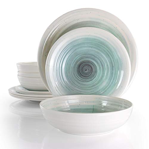 Elama Lightweight Dinnerware Set, 12 Piece, White and Light Blue