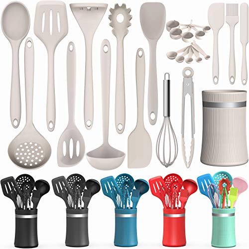 Silicone Cooking Utensil Kitchen Utensil Set, 24 Pcs Non-stick Cooking Utensils Spatula Set with Holder by AIKKIL, Heat Resistant Kitchen Gadgets Tools Set for Cookware(Khaki) Roll over image to zoom