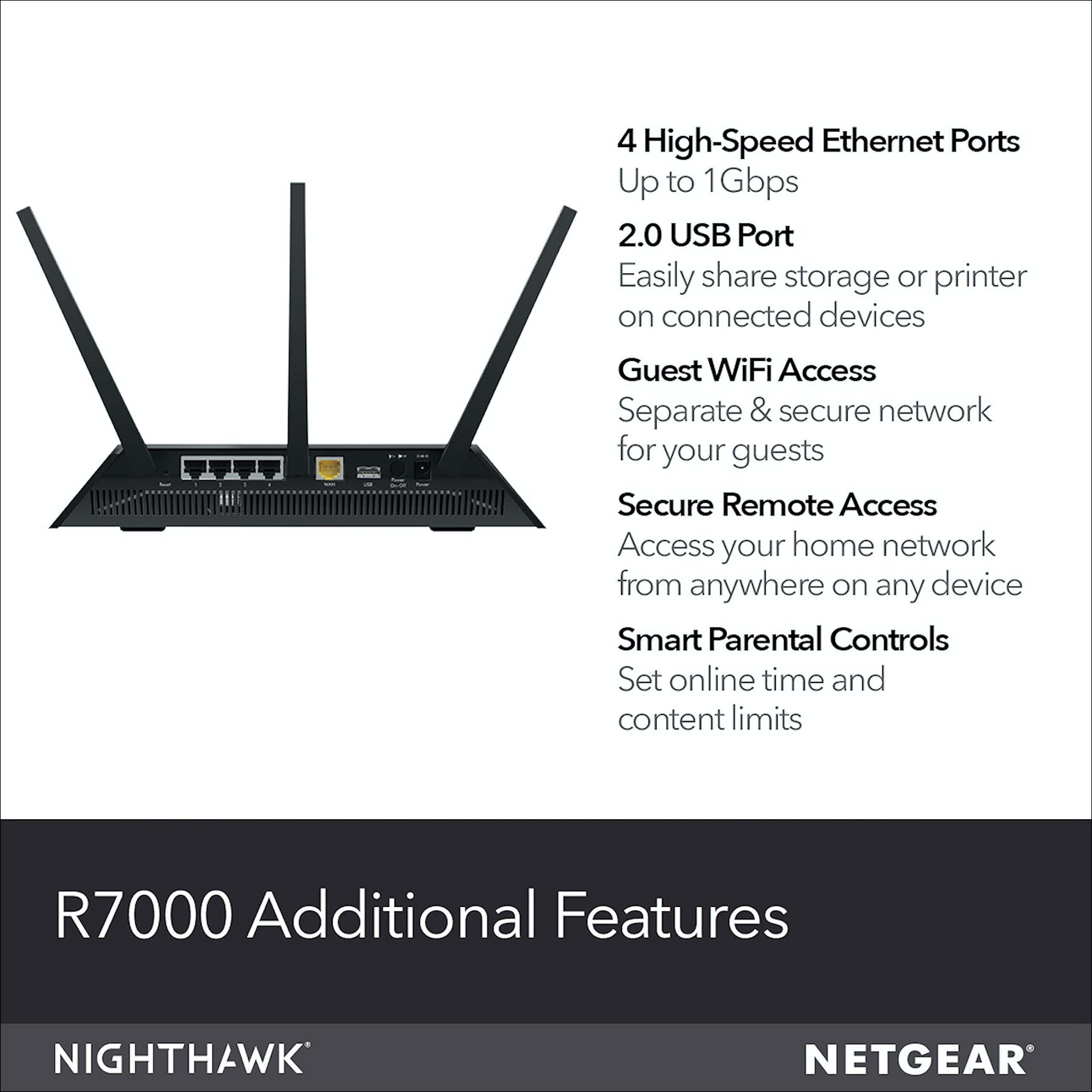 NETGEAR Nighthawk Smart Wi-Fi Router (R7000-100NAS) - AC1900 Wireless Speed (Up to 1900 Mbps) | Up to 1800 Sq Ft Coverage & 30 Devices | 4 x 1G Ethernet and 2 USB Ports | Armor Security