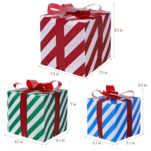 ATDAWN Set of 3 Lighted Gift Boxes Christmas Decorations, Pre-lit Light Up Present Boxes with Red Green and Blue Stripe for Christmas Indoor Home Outdoor Yard Lawn