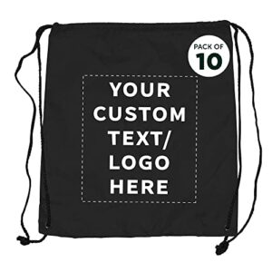 DISCOUNT PROMOS Custom Classic Polyester Drawstring Bags Set of 10, Personalized Bulk Pack - Bring Everywhere You Go, Great for Travelling, Gym and for Everyday Use - Black