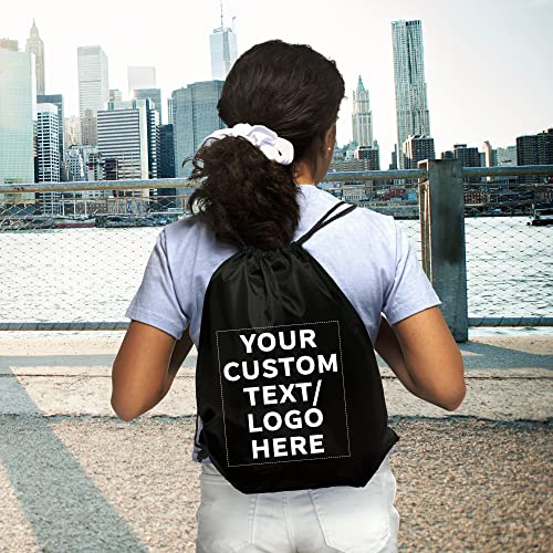 DISCOUNT PROMOS Custom Classic Polyester Drawstring Bags Set of 10, Personalized Bulk Pack - Bring Everywhere You Go, Great for Travelling, Gym and for Everyday Use - Black